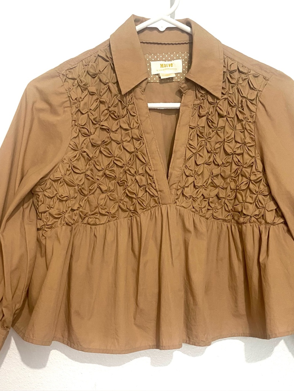 Maeve by Anthropologie
Leandra Shirred Yoke Blouse in a tan hue, size XXS